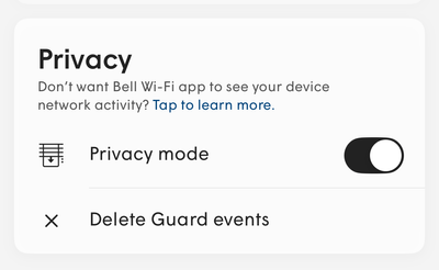 Screenshot of the Privacy section of the Guard settings in the Bell Wi-Fi mobile app, with privacy mode toggled on
